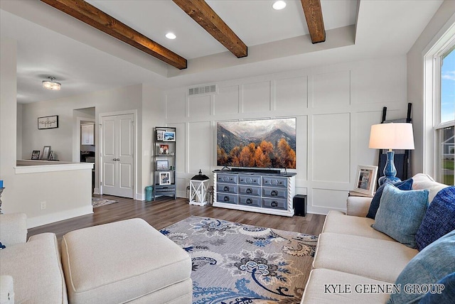 4745 W Lake Dr, Holland, MI 49423 - living room featuring dark wood-style flooring, beamed ceiling, and recessed lighting