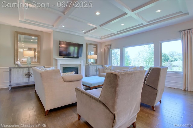 49062 Honey Tree Ct, Northville, MI 48168 - living room with coffered ceiling, plenty of natural light, dark wood-type flooring, a glass covered fireplace, and beam ceiling