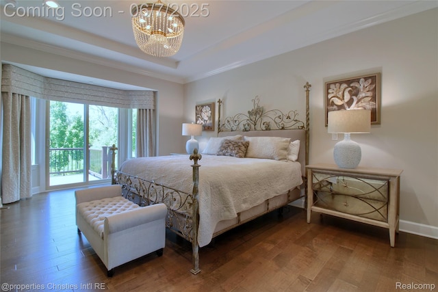49062 Honey Tree Ct, Northville, MI 48168 - bedroom with a chandelier, wood finished floors, ornamental molding, a tray ceiling, and access to exterior
