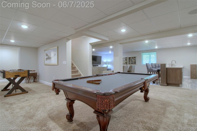 49062 Honey Tree Ct, Northville, MI 48168 - game room featuring light carpet, billiards table, a sink, baseboards, and a drop ceiling