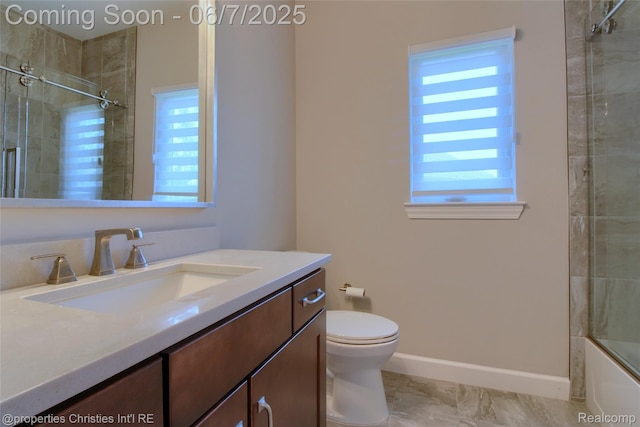 49062 Honey Tree Ct, Northville, MI 48168 - bathroom featuring vanity, toilet, baseboards, marble finish flooring, and shower / bath combination with glass door