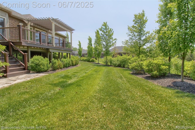 49062 Honey Tree Ct, Northville, MI 48168 - view of grassy yard featuring a wooden deck, a pergola, and stairs