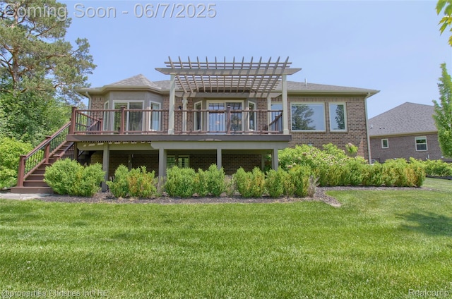 49062 Honey Tree Ct, Northville, MI 48168 - rear view of property with brick siding, a yard, a deck, a pergola, and stairway