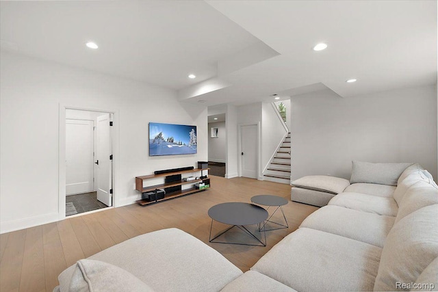 647 Ann St, Birmingham, MI 48009 - living area featuring stairway, hardwood / wood-style flooring, baseboards, and recessed lighting