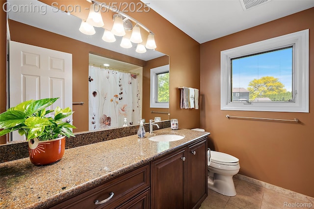 6730 Whiting Dr, Troy, MI 48098 - full bathroom with vanity, toilet, tile patterned flooring, baseboards, and curtained shower