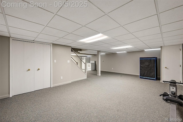 6730 Whiting Dr, Troy, MI 48098 - finished below grade area featuring carpet flooring, baseboards, a paneled ceiling, and stairs