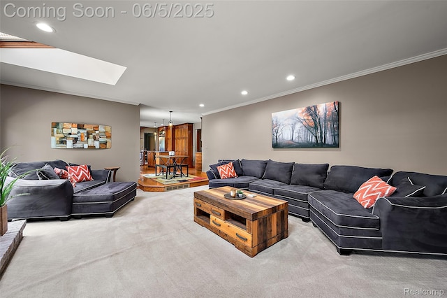 6730 Whiting Dr, Troy, MI 48098 - living room featuring a skylight, recessed lighting, crown molding, and carpet flooring
