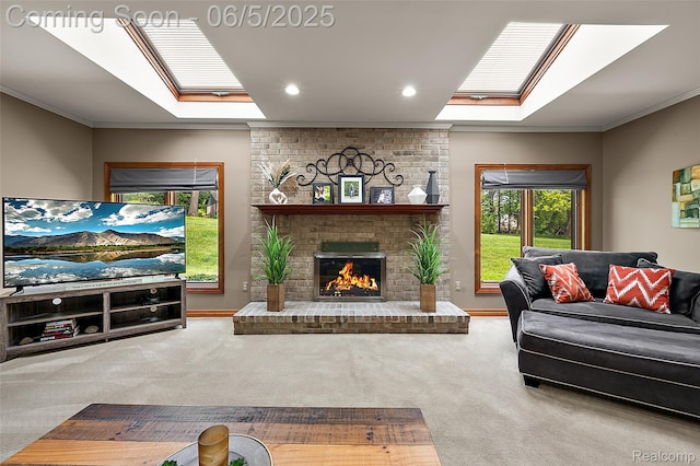 6730 Whiting Dr, Troy, MI 48098 - carpeted living area with a skylight, ornamental molding, recessed lighting, a brick fireplace, and baseboards