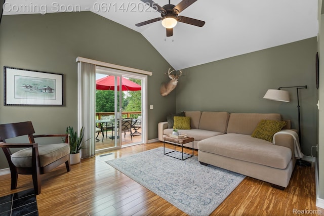 9299 Appleview Ct, Brighton, MI 48116 - living room with a ceiling fan, lofted ceiling, and wood finished floors