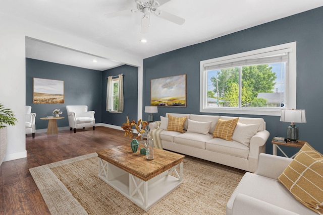 138 E Lake St, Sand Lake, MI 49343 - living area featuring plenty of natural light, wood finished floors, a ceiling fan, baseboards, and recessed lighting