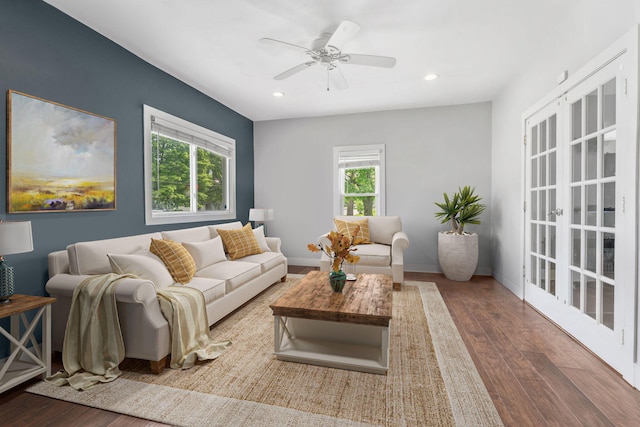 138 E Lake St, Sand Lake, MI 49343 - living room featuring wood finished floors, recessed lighting, ceiling fan, and baseboards