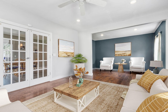 138 E Lake St, Sand Lake, MI 49343 - living room with recessed lighting, wood finished floors, french doors, ceiling fan, and baseboards