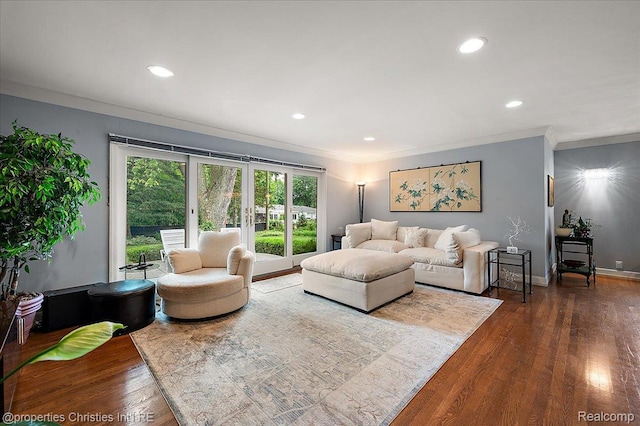 6727 Lahser Rd, Bloomfield Hills, MI 48301 - living room with wood finished floors, ornamental molding, recessed lighting, and baseboards