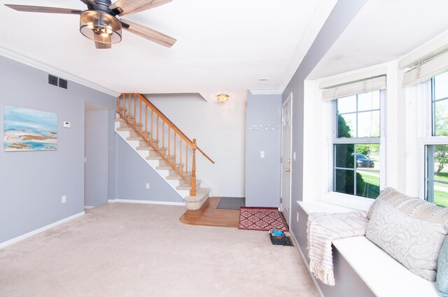 19578 Crystal Lake Dr, Northville, MI 48167 - entrance foyer with stairs, carpet flooring, ornamental molding, baseboards, and ceiling fan