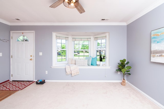 19578 Crystal Lake Dr, Northville, MI 48167 - entrance foyer with crown molding, a ceiling fan, baseboards, and carpet floors