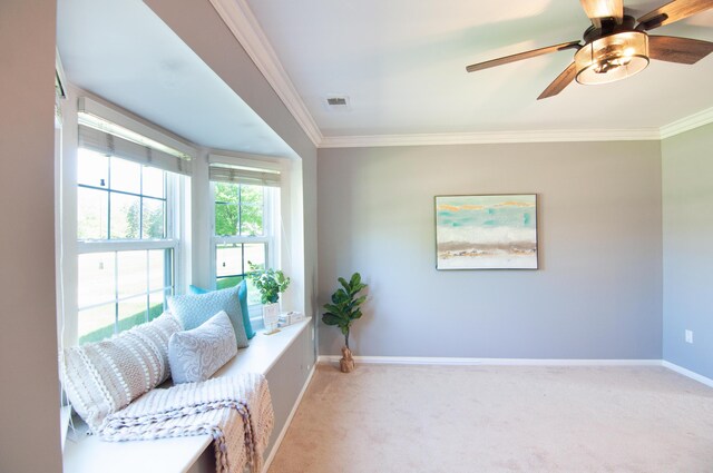 19578 Crystal Lake Dr, Northville, MI 48167 - living area featuring ornamental molding, carpet, baseboards, and ceiling fan