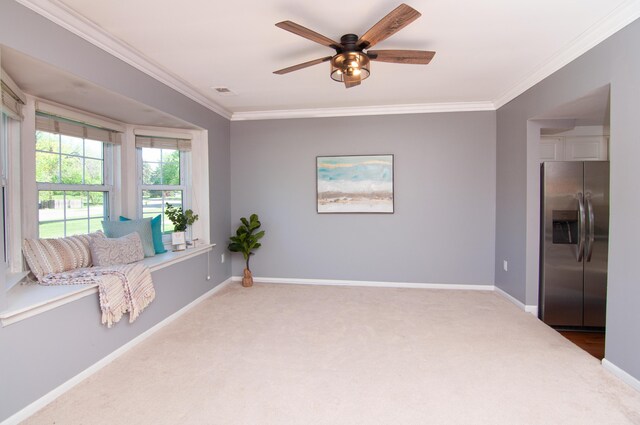 19578 Crystal Lake Dr, Northville, MI 48167 - living area featuring carpet flooring, ornamental molding, baseboards, and ceiling fan
