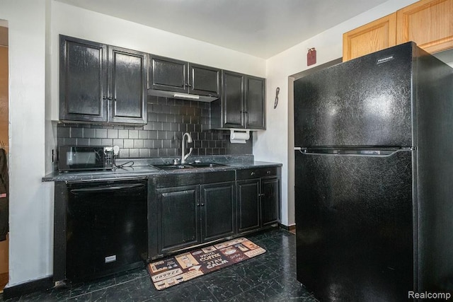 236 Helmar Ct, Benton Harbor, MI 49022 - kitchen with black appliances, a sink, decorative backsplash, and dark cabinets