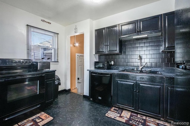236 Helmar Ct, Benton Harbor, MI 49022 - kitchen featuring black appliances, dark cabinets, decorative backsplash, a sink, and dark countertops