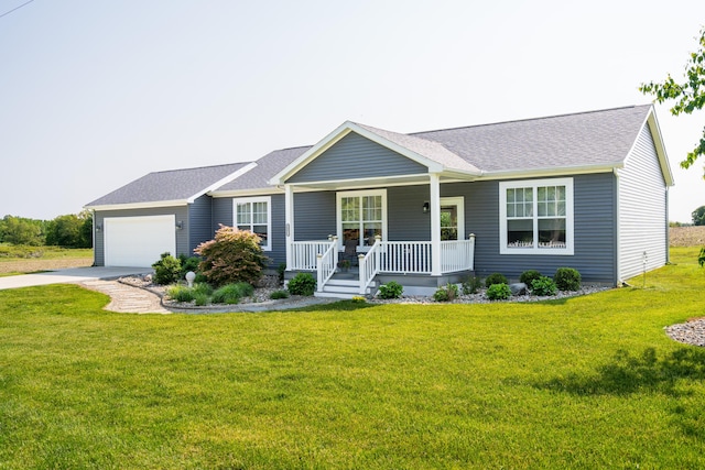 30877 County Road 687, Bangor, MI 49013 - ranch-style home featuring covered porch, an attached garage, driveway, a front lawn, and a shingled roof