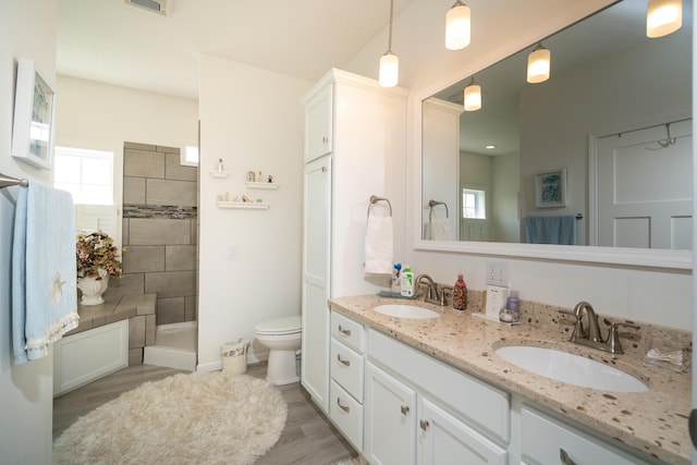 30877 County Road 687, Bangor, MI 49013 - full bath featuring double vanity, a tile shower, wood finished floors, toilet, and baseboards