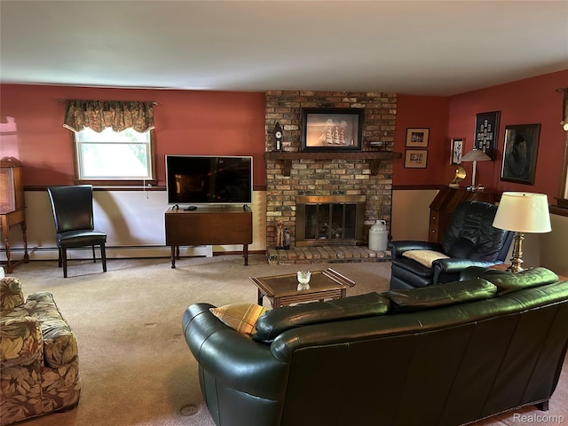 1690 Cedar Knoll Ln, Caro, MI 48723 - living room featuring carpet, a brick fireplace, and a baseboard heating unit