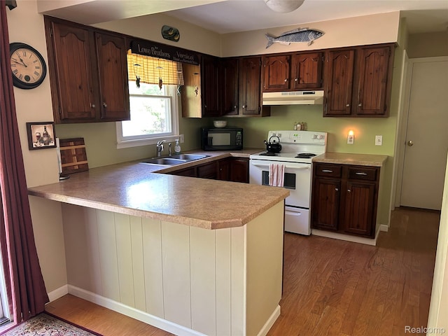1690 Cedar Knoll Ln, Caro, MI 48723 - kitchen featuring white electric stove, a sink, black microwave, under cabinet range hood, and a peninsula
