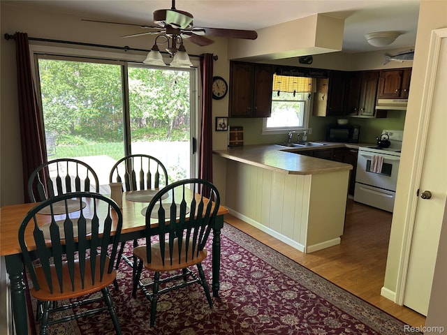 1690 Cedar Knoll Ln, Caro, MI 48723 - kitchen featuring white electric range, under cabinet range hood, a sink, a peninsula, and wood finished floors