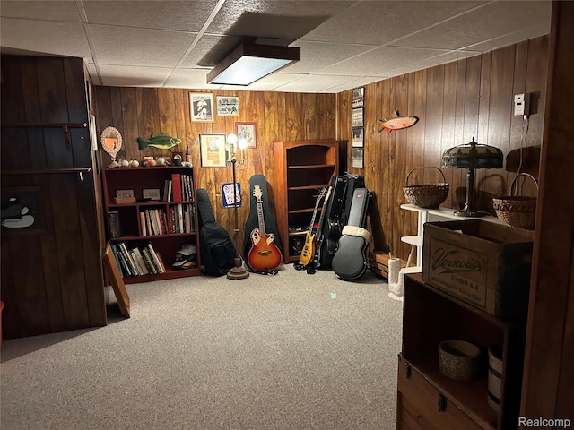1690 Cedar Knoll Ln, Caro, MI 48723 - miscellaneous room featuring carpet floors, wood walls, and a drop ceiling