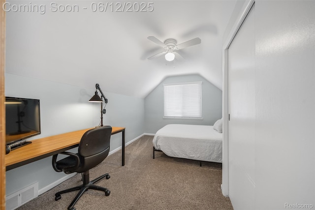 2195 Pembroke Rd, Birmingham, MI 48009 - carpeted bedroom featuring vaulted ceiling, baseboards, an office area, a ceiling fan, and a closet