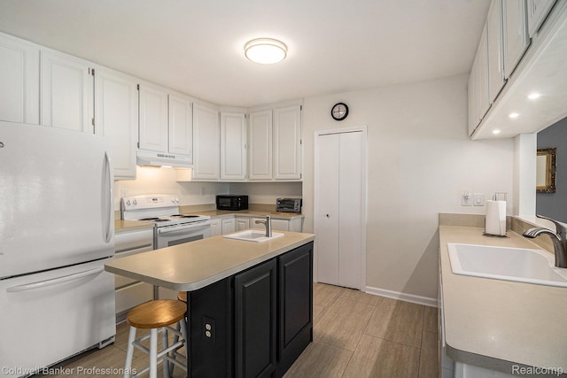 1704 Clark Lake Rd, Brighton, MI 48114 - kitchen with white appliances, a sink, light countertops, white cabinetry, and wood tiled floors