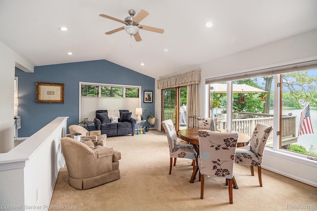 1704 Clark Lake Rd, Brighton, MI 48114 - dining space with light carpet, a ceiling fan, lofted ceiling, and recessed lighting