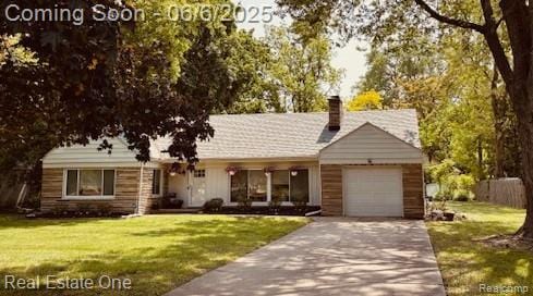 22485 Fairway Dr, Southfield, MI 48033 - ranch-style house featuring a garage, a front lawn, driveway, and a chimney