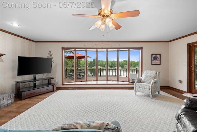 6300 Bullard Rd, Fenton, MI 48430 - living area with wood finished floors, healthy amount of natural light, crown molding, baseboards, and ceiling fan