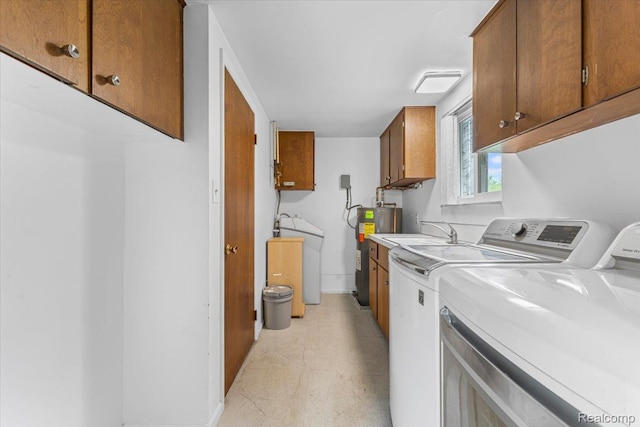 2985 Lacota Rd, Farmington, MI 48328 - laundry room with washer and clothes dryer, cabinet space, electric water heater, and baseboards