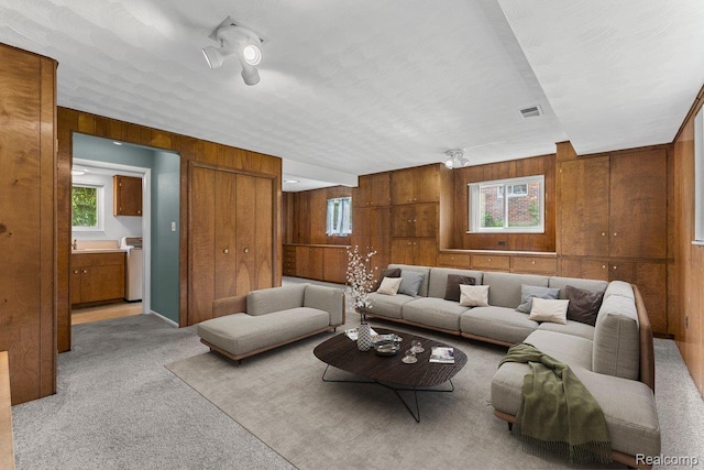 2985 Lacota Rd, Farmington, MI 48328 - living area featuring wooden walls and light colored carpet