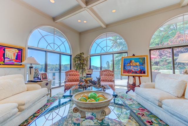 4298 Braeburn Ct, Norton Shores, MI 49441 - living room with beam ceiling, coffered ceiling, crown molding, and recessed lighting