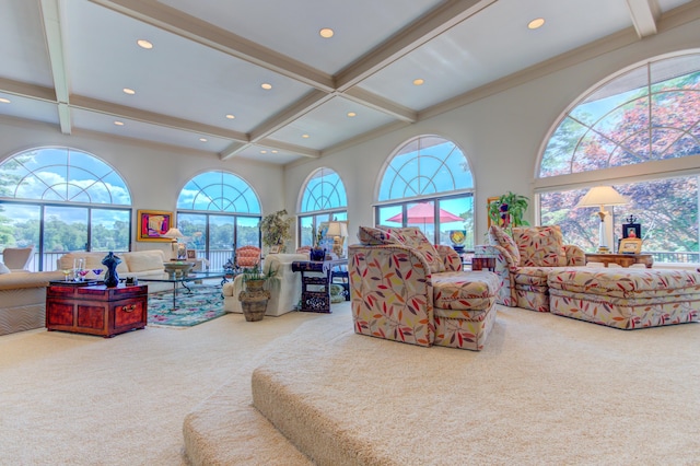 4298 Braeburn Ct, Norton Shores, MI 49441 - carpeted living room featuring beam ceiling, coffered ceiling, and recessed lighting