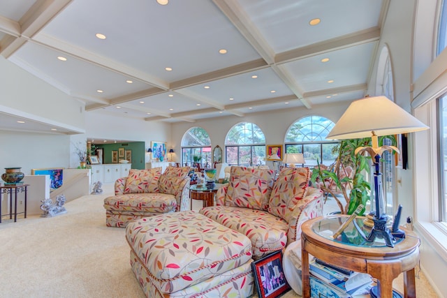 4298 Braeburn Ct, Norton Shores, MI 49441 - carpeted living room featuring coffered ceiling, beam ceiling, and recessed lighting