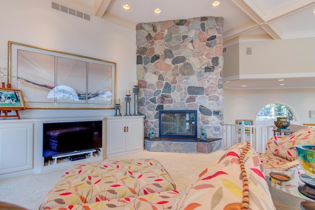 4298 Braeburn Ct, Norton Shores, MI 49441 - carpeted living room with a fireplace, coffered ceiling, beam ceiling, crown molding, and recessed lighting