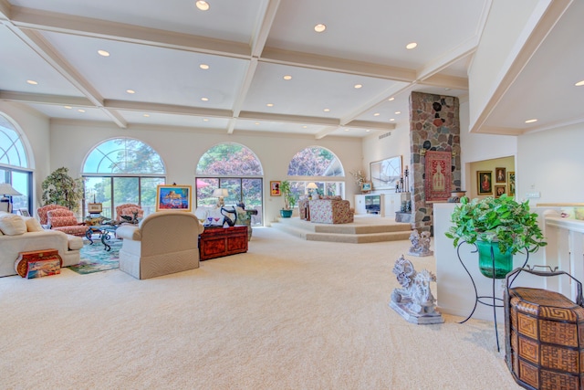 4298 Braeburn Ct, Norton Shores, MI 49441 - living area with carpet floors, coffered ceiling, beam ceiling, and a towering ceiling