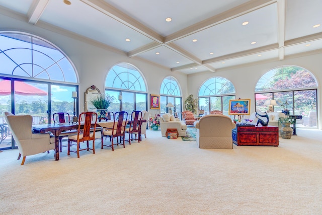 4298 Braeburn Ct, Norton Shores, MI 49441 - dining space with carpet floors, beamed ceiling, coffered ceiling, and recessed lighting
