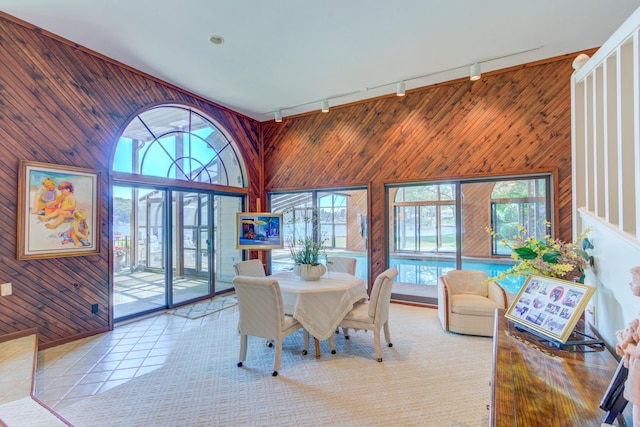 4298 Braeburn Ct, Norton Shores, MI 49441 - dining room featuring wooden walls, rail lighting, a high ceiling, and tile patterned floors