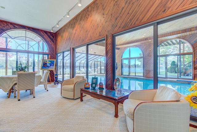 4298 Braeburn Ct, Norton Shores, MI 49441 - sunroom / solarium featuring track lighting, a towering ceiling, carpet floors, and wood walls