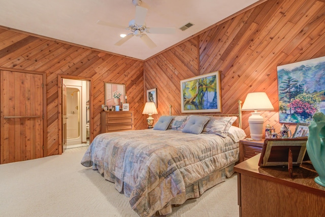 4298 Braeburn Ct, Norton Shores, MI 49441 - carpeted bedroom featuring wood walls and ceiling fan