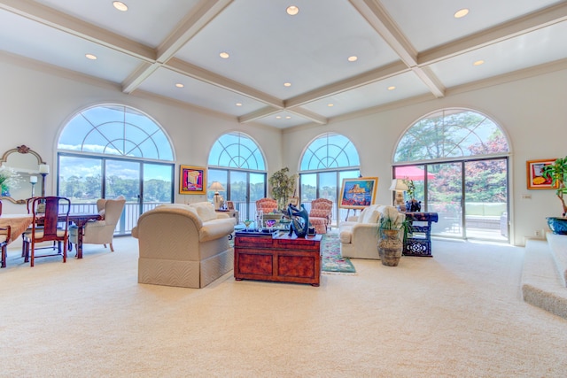 4298 Braeburn Ct, Norton Shores, MI 49441 - living room with coffered ceiling, carpet, and beam ceiling