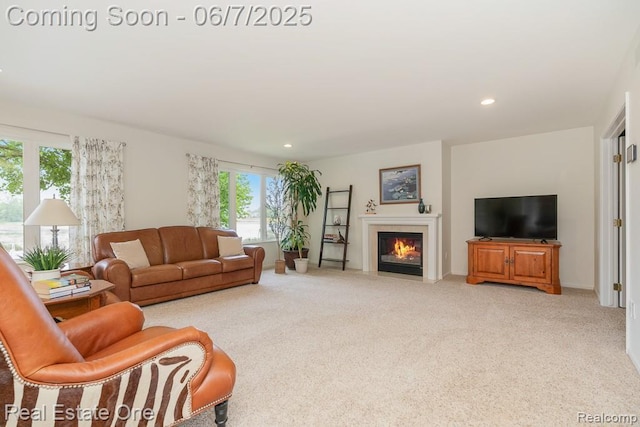 468 Orchard Ridge Dr, Lake Orion, MI 48362 - living room featuring carpet flooring, a fireplace with flush hearth, and recessed lighting