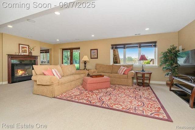 468 Orchard Ridge Dr, Lake Orion, MI 48362 - living area featuring carpet flooring, baseboards, recessed lighting, and a glass covered fireplace