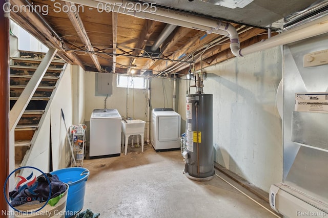 9036 Nathaline, Redford, MI 48239 - basement with gas water heater, washer and dryer, electric panel, a sink, and stairway