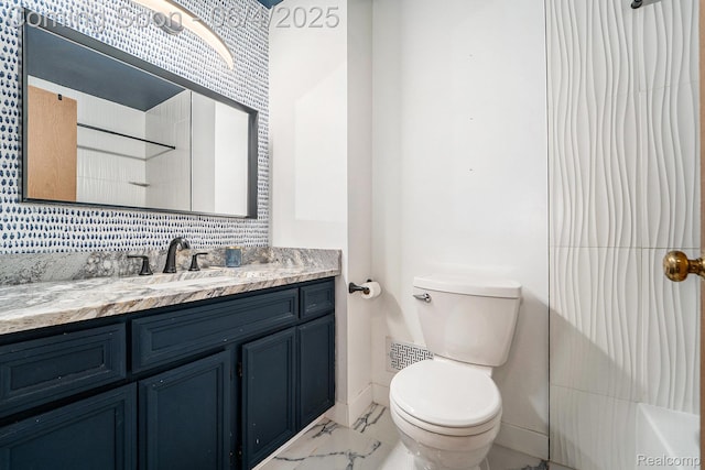 35638 Stillmeadow Ln, Clinton Township, MI 48035 - bathroom featuring marble finish floors, toilet, vanity, a shower, and a bathtub